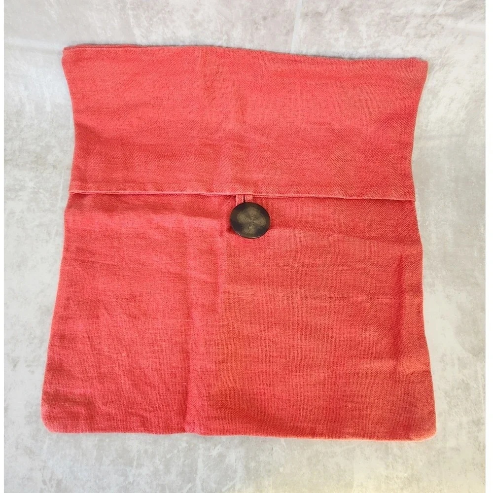 Pottery Barn Pillow Cover Home 18x18 Coral Red Linen Button Closure Boho Coastal